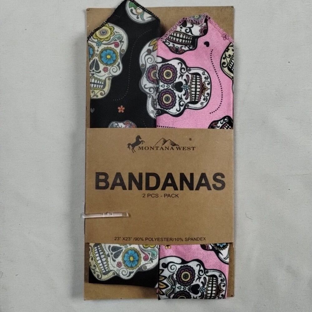 Montana West Bandanas 2 Pack, Skull Print Design, Pink & Black Color 23"x 23"